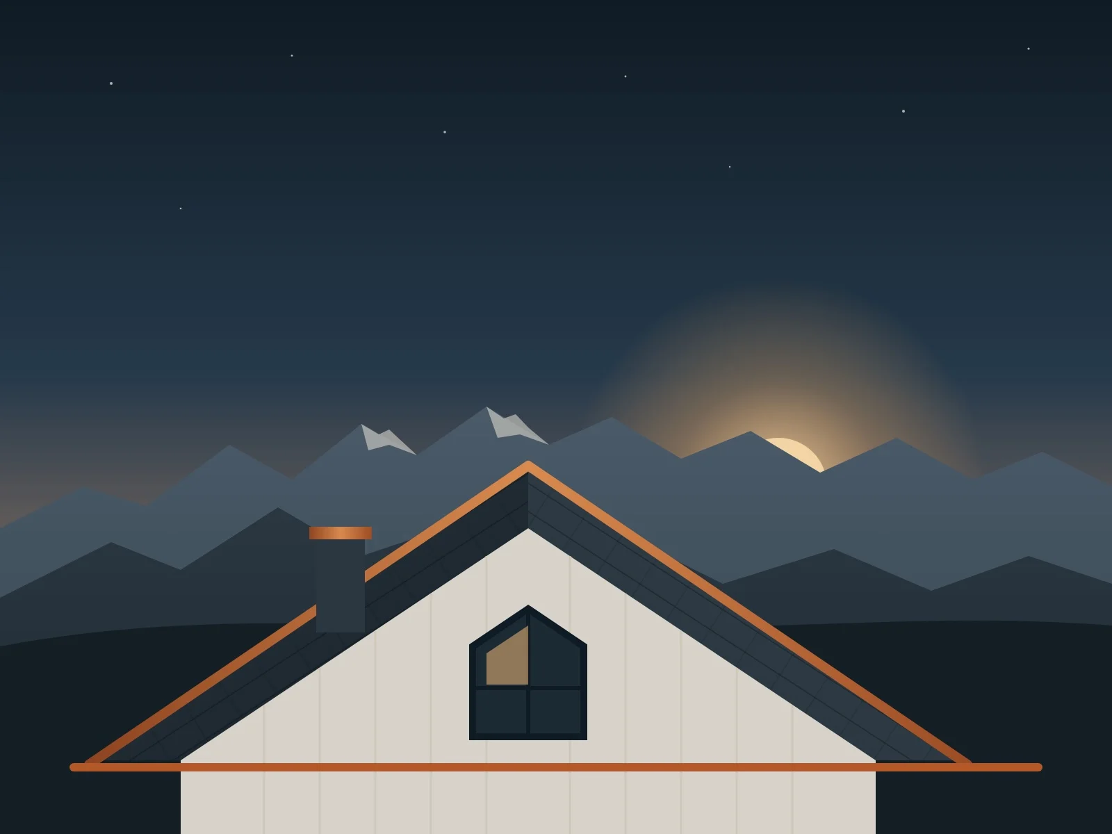 Illustration of a gable roof with copper trim in front of the Front Range at dusk